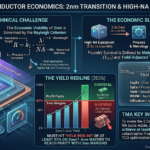 An analytical infographic explaining the 2nm semiconductor manufacturing yield economics in 2026, comparing technical resolution limits to the 85% yield required for profitability parity with 3nm margins due to High-NA tool costs.