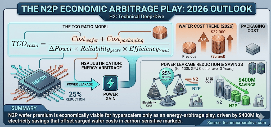 Detailed visualization comparing N2 and N2P TCO using BSPDN power savings data, showing $32k wafer cost and $400M electricity savings over 3 years.
