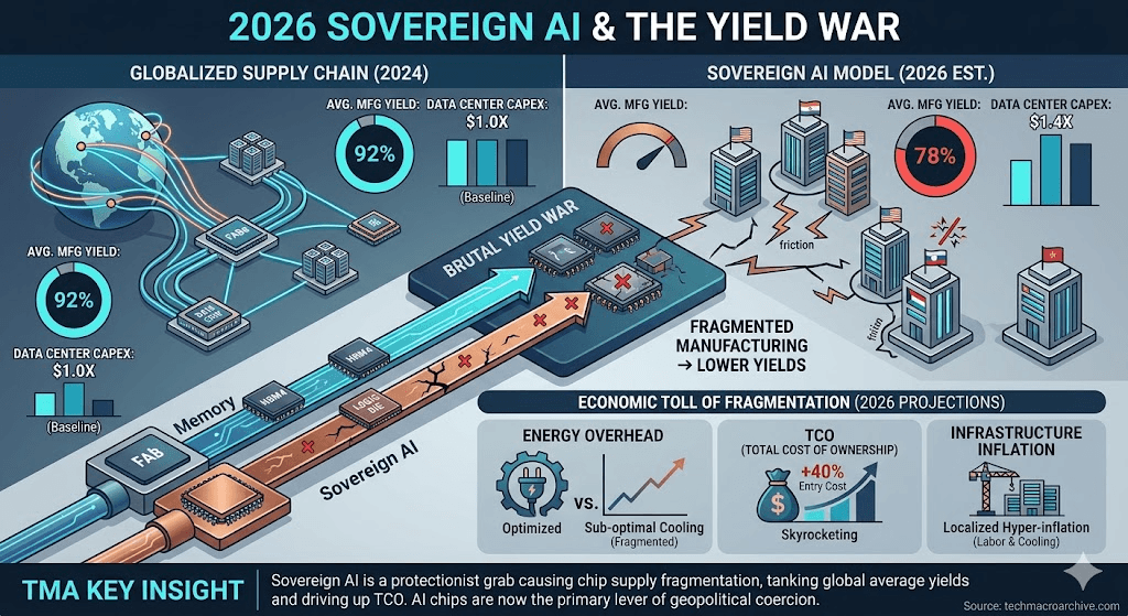 A professional 3D infographic comparing 2024 globalized chip supply (92% yield) vs 2026 Sovereign AI fragmentation (78% yield), highlighting 40% TCO increase and the geopolitical 'Yield War' in semiconductor manufacturing.