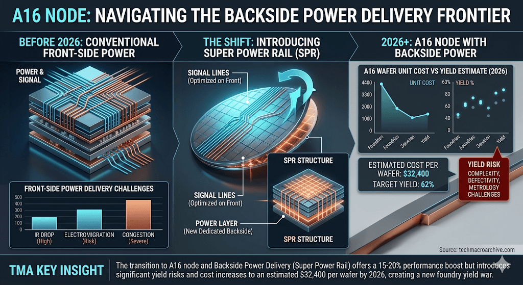Infographic comparing traditional front-side power with A16 node Backside Power Delivery (Super Power Rail), highlighting 2026 market projections: $32,400 wafer cost, 62% yield target, and yield risks.