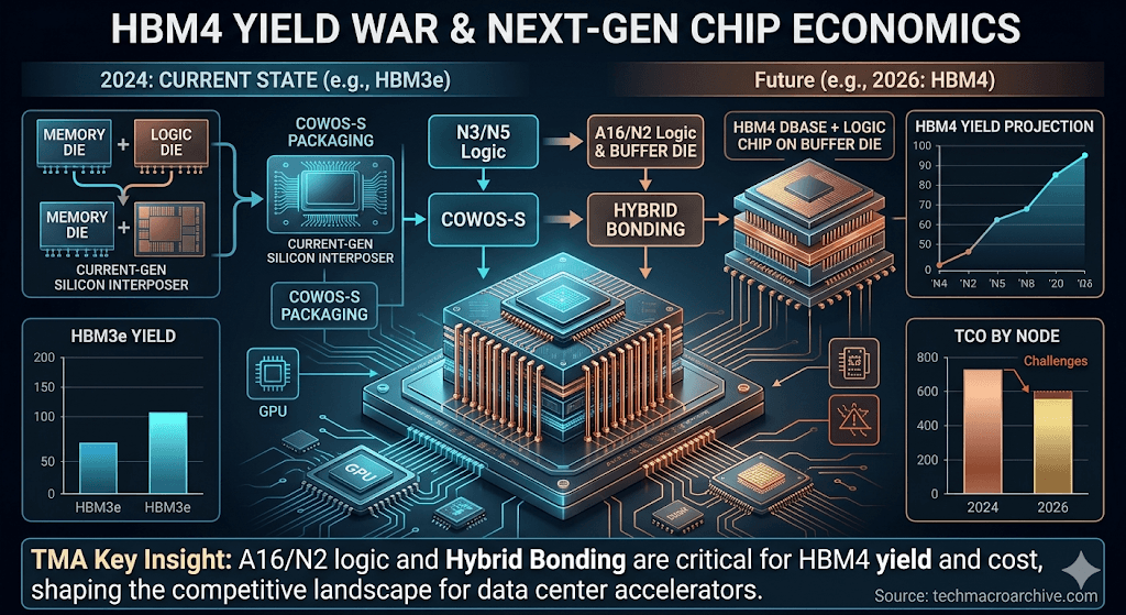 A high-tech 3D infographic showing the full-scale implementation of A16/N2 logic and HBM4. It features a "System-on-Node" architecture with Photonic I/O integration, 24-high memory stacks, and charts showing stabilized TCO and power efficiency for hyperscale data centers.