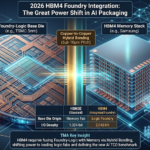An image comparing a TSMC logic wafer and a Samsung HBM stack, demonstrating hybrid bonding and their role in a futuristic, AI-driven global economy. SEO Description: A detailed infographic illustrating the fusion of advanced logic foundries and memory fabrication for HBM4. The visualization highlights copper-to-copper hybrid bonding, a key technology for achieving the required interconnect density for next-generation AI accelerators. It compares the upcoming HBM4 system architecture with HBM3E, focusing on the 2,048-bit double-wide I/O and the critical shift from memory-fab logic dies to those produced on advanced foundry nodes. The background features a intricate digital grid representing the impact of this hardware convergence on a future AI-powered global economy.