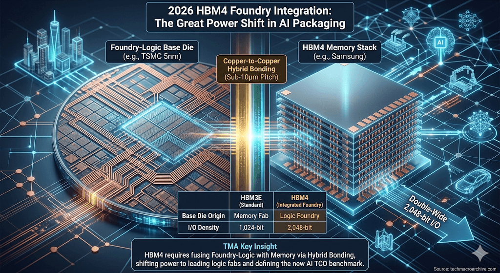 An image comparing a TSMC logic wafer and a Samsung HBM stack, demonstrating hybrid bonding and their role in a futuristic, AI-driven global economy. SEO Description: A detailed infographic illustrating the fusion of advanced logic foundries and memory fabrication for HBM4. The visualization highlights copper-to-copper hybrid bonding, a key technology for achieving the required interconnect density for next-generation AI accelerators. It compares the upcoming HBM4 system architecture with HBM3E, focusing on the 2,048-bit double-wide I/O and the critical shift from memory-fab logic dies to those produced on advanced foundry nodes. The background features a intricate digital grid representing the impact of this hardware convergence on a future AI-powered global economy.