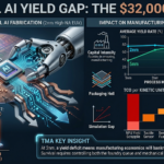 Macro close-up capturing the precise integration of a shimmering 2nm silicon wafer and a cold, brushed metal humanoid robot exoskeleton arm, symbolizing high-tech industrial collision by Tech Macro Archive
