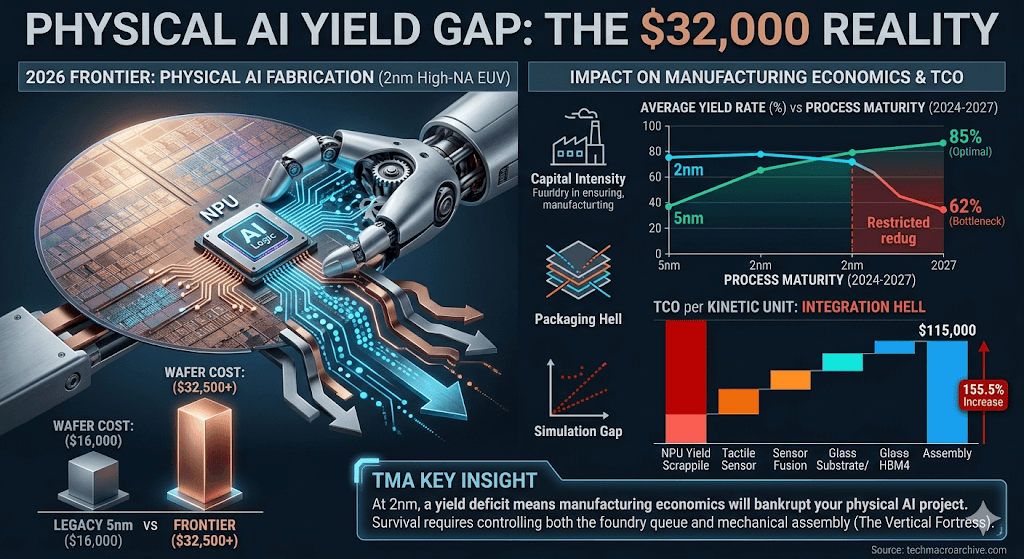 Macro close-up capturing the precise integration of a shimmering 2nm silicon wafer and a cold, brushed metal humanoid robot exoskeleton arm, symbolizing high-tech industrial collision by Tech Macro Archive