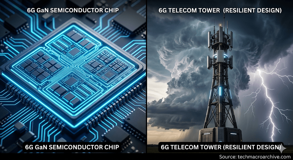 Split-screen visual: Left, a close-up of a blue-glowing 6G GaN semiconductor chip. Right, a 6G telecom tower withstanding a massive storm and lightning, symbolizing resilient design. Detailed technical aesthetic by Tech Macro Archive.