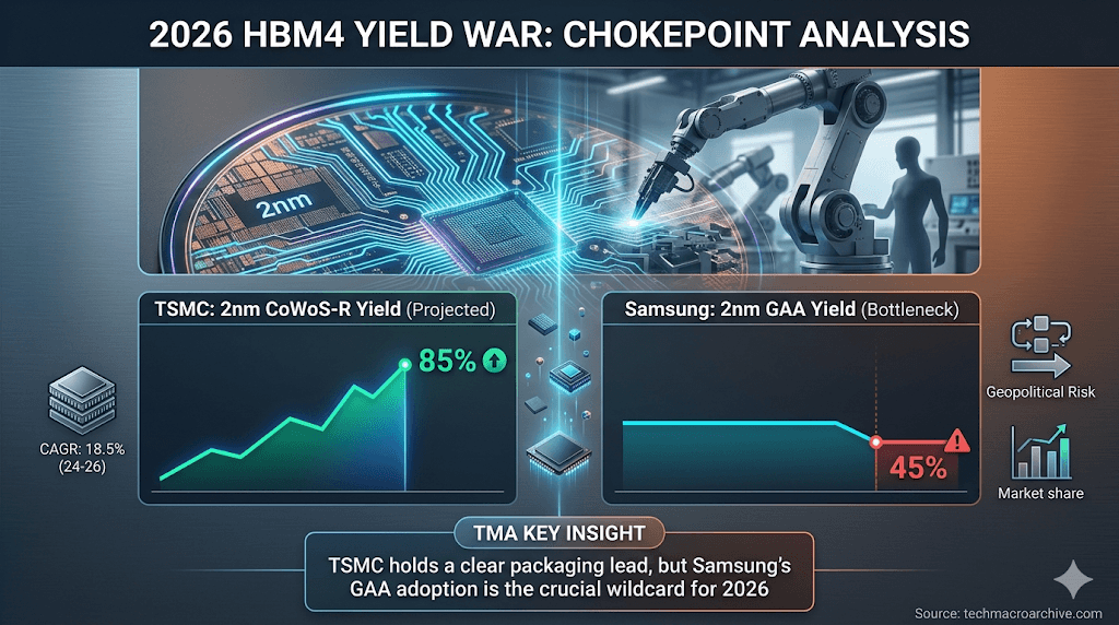 A cinematic double exposure infographic comparing HBM4 yield factors for 2026, featuring 2nm wafer traces and a robotic arm in a smart factory, in a Bloomberg-style aesthetic by Tech Macro Archive.