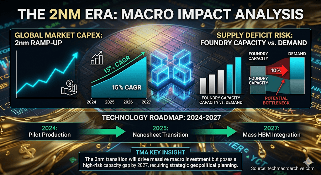A professional, data-driven infographic titled "THE 2NM ERA: MACRO IMPACT ANALYSIS," merging high-resolution close-ups of 2nm nanosheet FET semiconductor technology with visualized global financial flows and stock market tickers. The image provides a detailed 2024-2027 technical roadmap and comparative analysis between 'Logic vs Foundry' and 'Capex vs ROI', featuring a 'TMA KEY INSIGHT' box at the bottom.