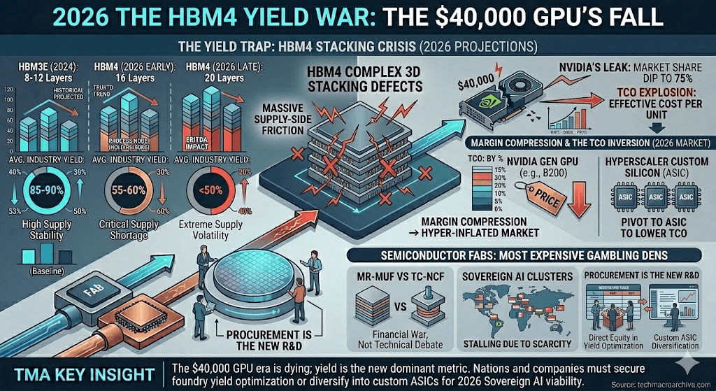 A professional 3D infographic titled '2026 THE HBM4 YIELD WAR'. It visualizes the stacking crisis of HBM4 (16-20 layers) with yields dropping below 50-60%, Nvidia's market share dip to 75%, and the strategic pivot from $40,000 GPUs to custom ASICs for Sovereign AI.