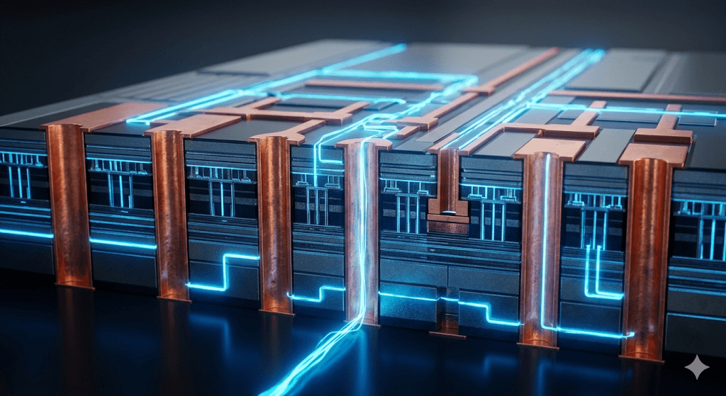 "A detailed hyper-realistic cross-section of a 2nm semiconductor wafer, showing copper TSVs routing power from the back with neon blue energy flows, cinematic lighting."