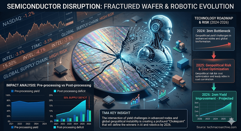 A detailed macro conceptual infographic showcasing a fractured silicon wafer merging with complex neural pathways designed for a humanoid robot. The background is a distressed financial market ticker with industrial tech aesthetics, visualizing the intersection of technological breakdown and economic stress. Source: techmacroarchive.com