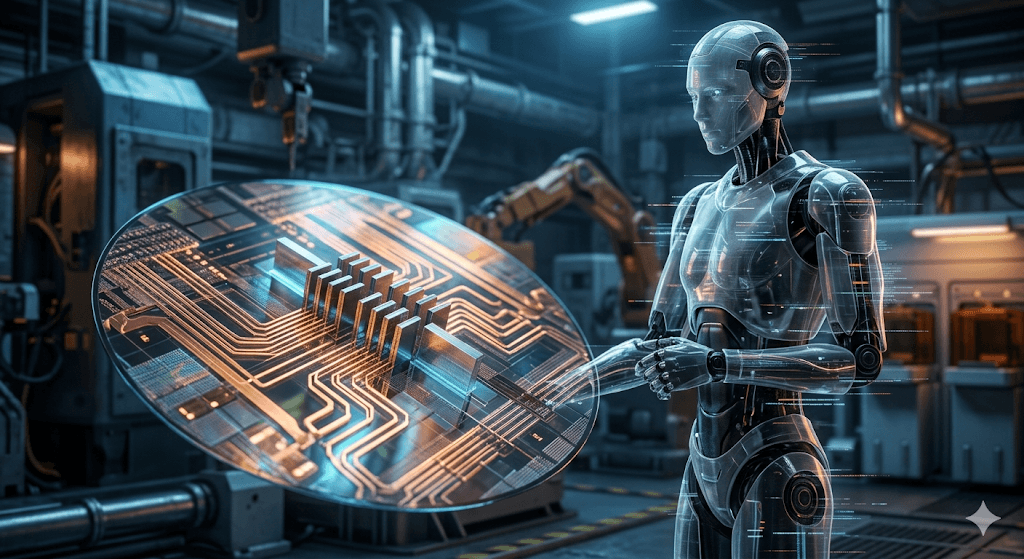 A high-tech cinematic scene featuring a translucent humanoid robot inspecting a glowing 2nm semiconductor wafer with intricate copper interconnects in a modern industrial factory setting.