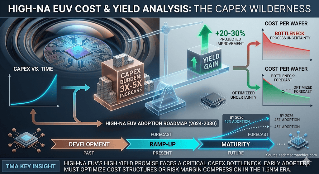 Professional infographic by Tech Macro Archive analyzing High-NA EUV technology adoption. It compares the heavy CAPEX burden (3X-5X increase) against projected yield gains (+20-30%), featuring a cost balance scale, development roadmap (2024-2030), and key insights for the 1.6nm semiconductor process era.