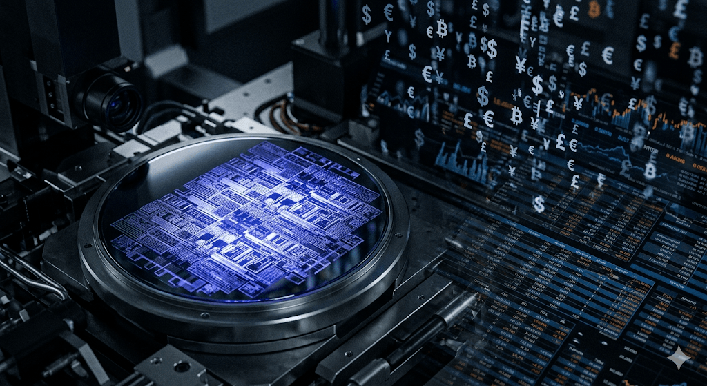 A cinematic macro shot of a silicon wafer with intricate High-NA EUV light patterns, transitioning into a dark background with falling digital currency symbols and financial spreadsheets, symbolizing the intersection of semiconductor technology and macroeconomics.