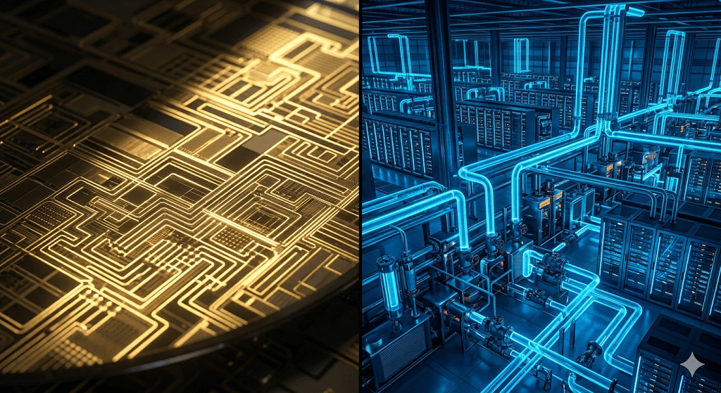 Detailed split-screen infographic comparing an ultra-close-up of a 2nm semiconductor wafer with golden circuitry on the left and a futuristic data center liquid cooling system with neon blue pipes on the right, symbolizing the immense infrastructure investment required for next-gen AI chips by 2026. Source: techmacroarchive.com.