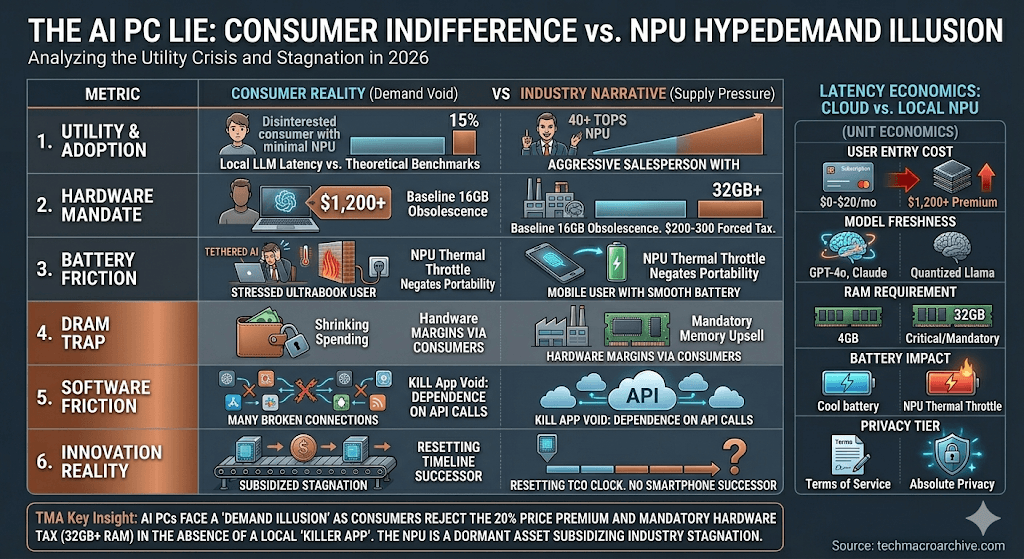 A professional infographic analyzing the 'AI PC Lie' and 'Demand Illusion' based on image_0.png's style. It compares six metrics between 'Consumer Reality (Demand Void)' and 'Industry Narrative (Supply Pressure)', showing data on utility, hardware mandates, battery friction, DRAM trap, software friction, and innovation reality. The right side detailedly compares Cloud-Based vs. Local NPU across user entry cost, model freshness, RAM requirement, battery impact, and privacy. A key insight box at the bottom warns of a compute bubble. Source: