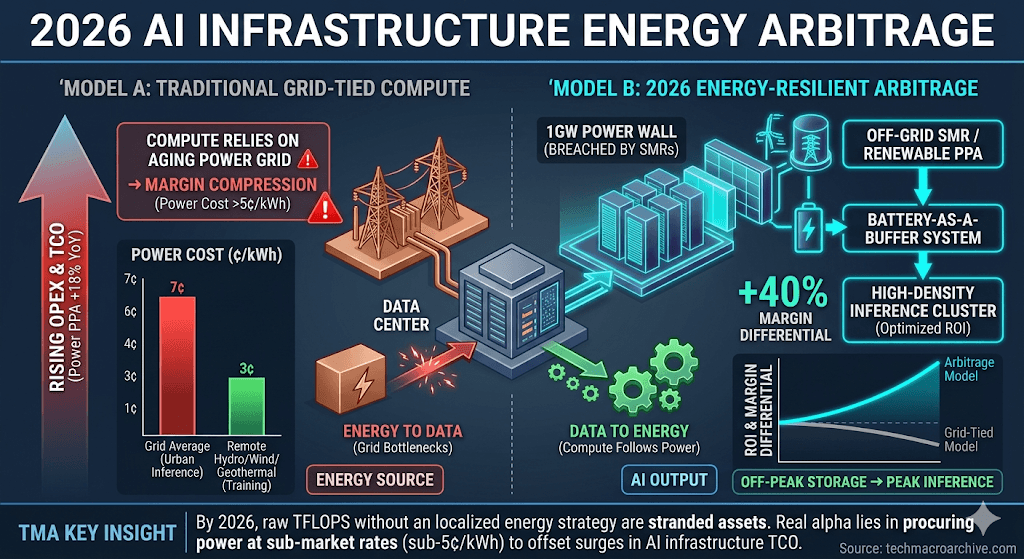 An infographic comparing traditional grid-tied data centers with the new 'AI Infrastructure Energy Arbitrage' model, featuring cost data, structural differences, and 2026 ROI projections