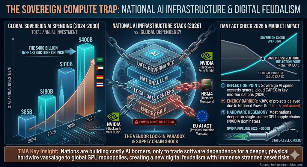A complex financial infographic analyzing the Sovereign AI Compute Trap. It compares global AI spending growth ($400B by 2030) with the geopolitical dependency created by local data centers relying on foreign hardware and power grids.