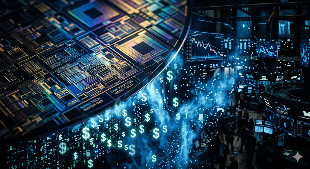 Cinematic macro view of an iridescent 2nm semiconductor wafer merging with a dark futuristic stock market floor, featuring evaporating digital dollar signs in blue mist and technical data displays.