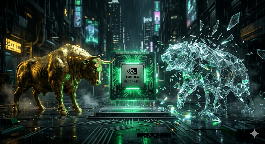 A cinematic, high-contrast tech-noir infographic featuring an NVIDIA Blackwell chip glowing with green energy, positioned between a golden bull representing market growth and a crystalline bear shattering to symbolize the defeat of bearish trends in the 2026 AI semiconductor market.