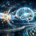 "A cinematic infographic showing a shattered Google search bar transforming into a glowing AI brain core, with golden currency symbols and data streams flowing toward a digital horizon, representing the evolution of search into a monetized AI intelligence core."