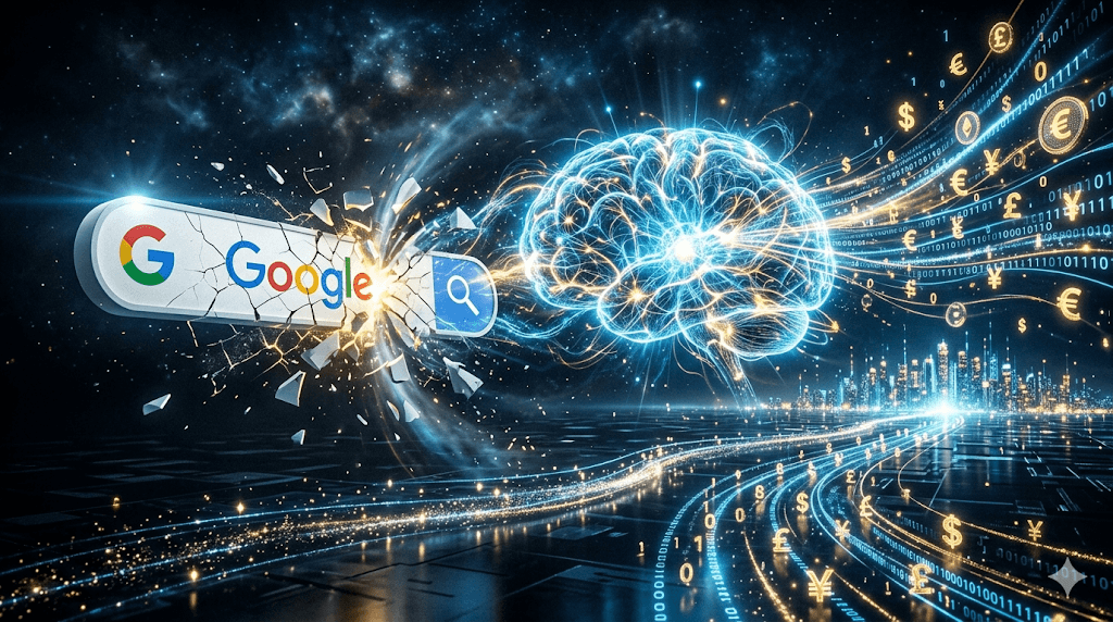 "A cinematic infographic showing a shattered Google search bar transforming into a glowing AI brain core, with golden currency symbols and data streams flowing toward a digital horizon, representing the evolution of search into a monetized AI intelligence core."
