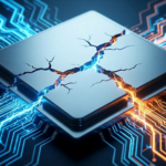 A high-contrast macro shot of a sleek metallic microchip with glowing cracks, emitting intense blue and orange energy that forms digital circuits on a dark background.