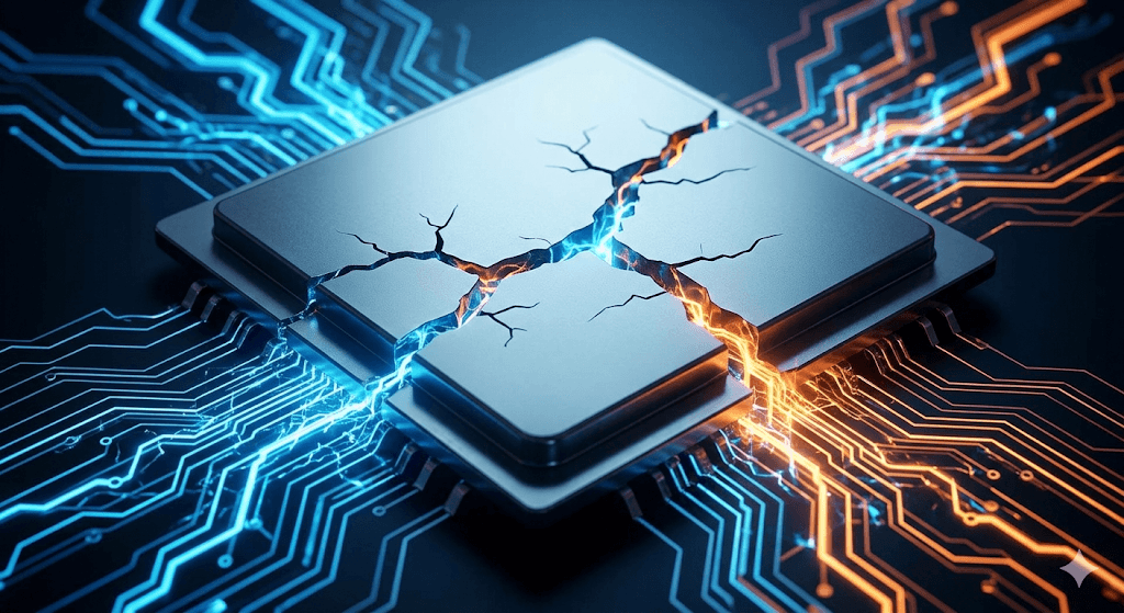 A high-contrast macro shot of a sleek metallic microchip with glowing cracks, emitting intense blue and orange energy that forms digital circuits on a dark background.
