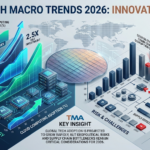 A professional, high-fidelity infographic by Tech Macro Archive titled "Global Tech Macro Trends 2026: Innovation vs Risk." The image features a split-screen layout: the left side highlights growth in AI semiconductors and cloud adoption with neon blue rising charts, while the right side illustrates geopolitical supply chain disruptions and supply deficits using gray bars and red risk indicators. It includes 3D silicon wafer elements and a "TMA KEY INSIGHT" summary box.