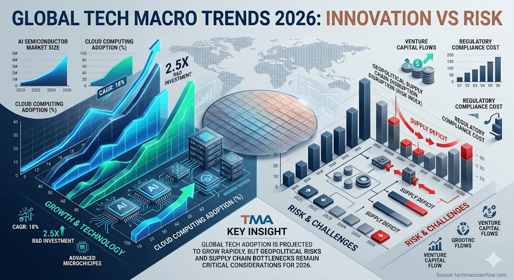 A professional, high-fidelity infographic by Tech Macro Archive titled "Global Tech Macro Trends 2026: Innovation vs Risk." The image features a split-screen layout: the left side highlights growth in AI semiconductors and cloud adoption with neon blue rising charts, while the right side illustrates geopolitical supply chain disruptions and supply deficits using gray bars and red risk indicators. It includes 3D silicon wafer elements and a "TMA KEY INSIGHT" summary box.