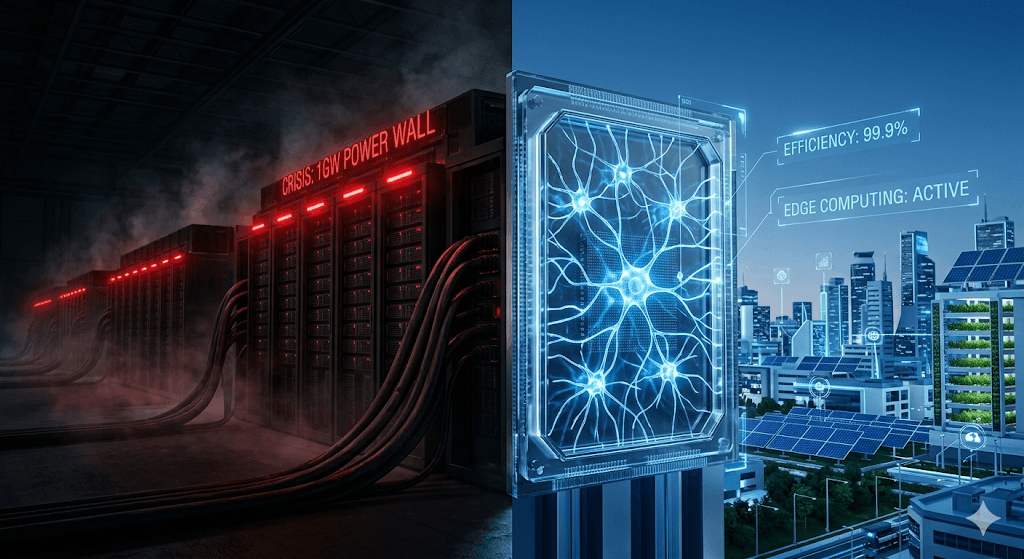 "A cinematic comparison infographic titled 'The Infrastructure Shield'. The left side shows a dark data center with red warning lights for the '1GW Power Wall' crisis, while the right side features a glowing blue neuromorphic edge chip with 99.9% efficiency, protecting a futuristic 2026 smart city. Source: techmacroarchive.com"