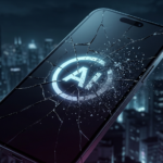 "Cinematic extreme close-up of a shattered and fragmented dark futuristic smartphone in 2026, with a fading AI logo breaking into particles. Set against a blurred cyberpunk metropolis at night."