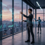 A professional young leader orchestrating AI data streams and humanoid robots in a futuristic glass office at sunset, featuring high-fidelity data charts and 'Source: techmacroarchive.com' branding.