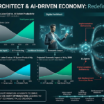 A futuristic infographic titled 'The Digital Architect & AI-Driven Economy', visualizing human labor cost vs. AI productivity with charts, a central human architect, and connected AI systems for manufacturing and logistics, highlighting economic transformation by 2030, a TMA Key Insight, and a source watermark.