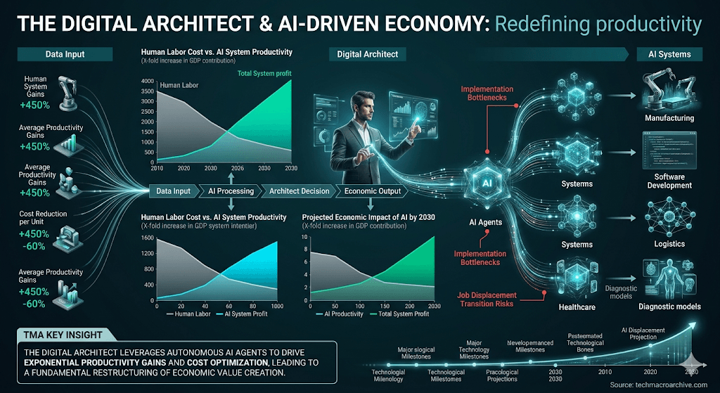 A futuristic infographic titled 'The Digital Architect & AI-Driven Economy', visualizing human labor cost vs. AI productivity with charts, a central human architect, and connected AI systems for manufacturing and logistics, highlighting economic transformation by 2030, a TMA Key Insight, and a source watermark.
