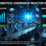 A professional data-driven infographic showcasing humanoid robot assembly optimization powered by a Cherenkov radiation nuclear reactor core, featuring AI assembly yield metrics, energy efficiency charts, and key industry insights by Tech Macro Archive.