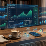 "A futuristic, high-fidelity infographic displaying a professional tech-financial analysis of HBM4 yields and geopolitical risks. The image features glowing 3D holographic stock charts, yield percentages, and market data integrated into a classic wooden desk setup. Detailed, data-driven visualization by Tech Macro Archive focusing on 2026 semiconductor industry trends."