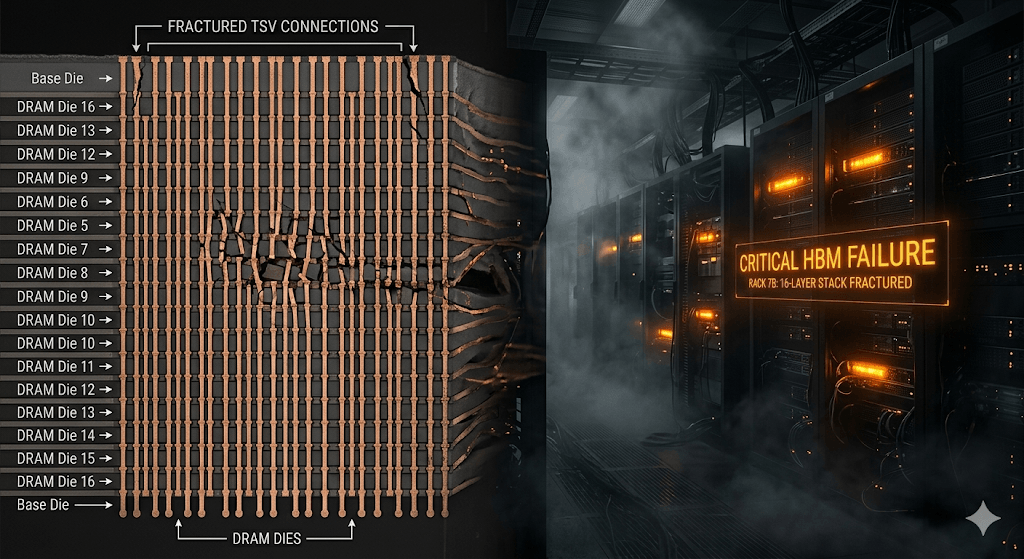 "A detailed industrial-noir infographic showing a microscopic cross-section of a 16-layer HBM4 stack with fractured TSV connections on the left, transitioning into a dark, foggy data center with amber warning lights and a 'CRITICAL HBM FAILURE' alert on the right. Source: techmacroarchive.com"