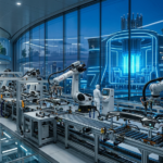 A futuristic automated robotic assembly line inside a clean-tech factory, with a glowing Small Modular Nuclear Reactor (SMR) showing blue Cherenkov radiation visible through massive windows, financial editorial style.