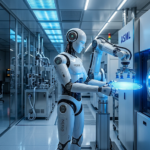 A sophisticated humanoid robot with polished white and metallic surfaces precisely moving a glowing silicon wafer into an advanced lithography machine inside an ultra-modern semiconductor cleanroom, glowing with blue and white light, cinematic and professional financial editorial style.