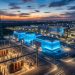 A twilight aerial photograph of a massive, ultra-modern hyper-scale data center campus directly integrated with glowing Small Modular Reactors (SMRs), featuring massive copper-wound transformers and a high-voltage substation in the foreground, financial editorial style.