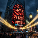 A dramatic night view of Times Square in the rain. The curved Nasdaq tower screen is a mass of red down-trending arrows and fragmented red digital numbers (4218, 7122). Simultaneously, glowing golden light beams arcing from left to right flow into premium, monolithic tech logos, illuminating Apple and Microsoft (MSFT) on the right. Nvidia's logo on the left is also illuminated. The crowd watches below.