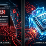 A dramatic split-screen visual with a hand holding a smartphone showing a fraudulent "ChatGPT Pro Extra" interface and hidden red code on the left, contrasted against a powerful, blue glowing Intel vPro secure microprocessor shattering cyber-attacks on the right, financial editorial style.