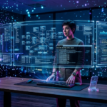 A wide-angle, cinematic photograph of a developer in a futuristic workspace. She stands before three curved transparent holographic monitors displaying massive system architecture node maps and an active terminal window running "Codex CLI: Goal Mode Active (/goal)" with neon blue and violet particles casting dramatic light on a sleek, minimalist desk, financial journalism style.