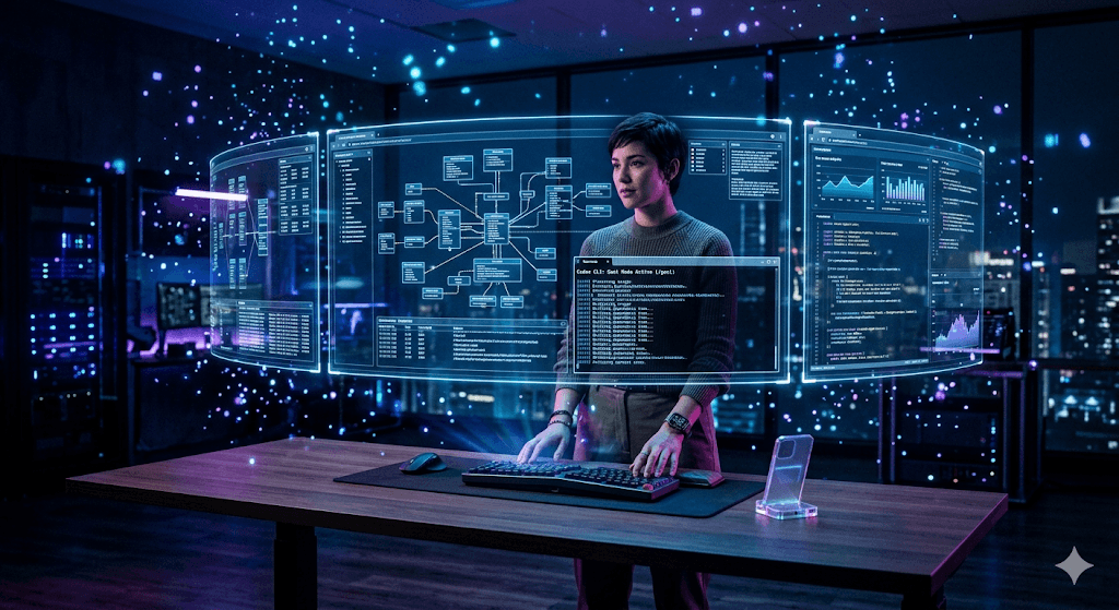 A wide-angle, cinematic photograph of a developer in a futuristic workspace. She stands before three curved transparent holographic monitors displaying massive system architecture node maps and an active terminal window running "Codex CLI: Goal Mode Active (/goal)" with neon blue and violet particles casting dramatic light on a sleek, minimalist desk, financial journalism style.
