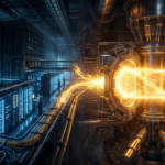 A split-screen cinematic visualization showing a high-tech AI data center with glowing blue server racks on the left, seamlessly blending with a powerful nuclear fusion reactor core emitting golden-orange energy fields on the right, illustrating advanced energy integration for next-generation tech infrastructure by Tech Macro Archive.