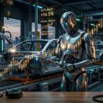 "A dark-toned, cinematic tech-journalism photograph of an advanced humanoid robot standing inside a hyper-automated manufacturing facility. The robot features a polished metallic and carbon fiber chassis, with glowing cyan internal circuits. Floating golden holographic trading charts and upward-trending stock market candlestick graphs are reflected sharply across its body and the background machinery, symbolizing the financial impact of industrial automation."