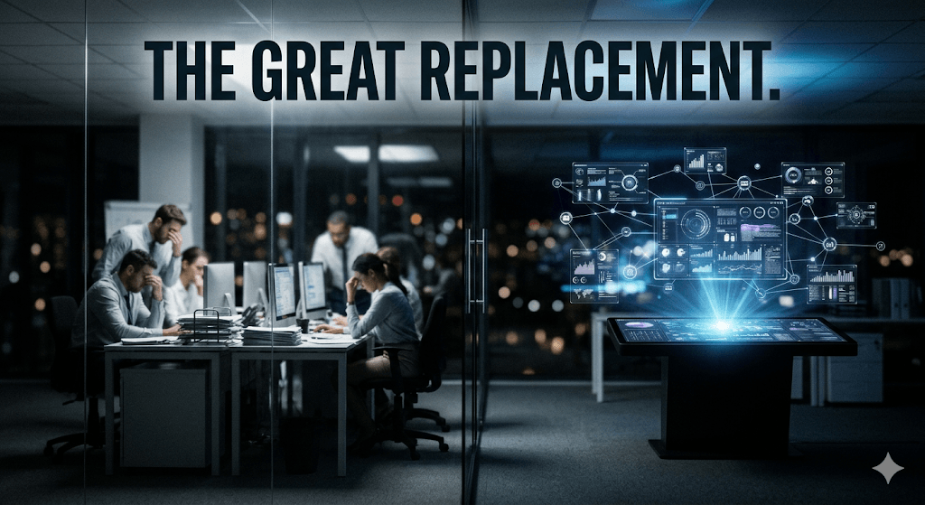 A cinematic high-contrast infographic titled "THE GREAT REPLACEMENT," showing a blurred group of stressed office workers contrasted with a sharp, glowing blue AI holographic interface managing complex content nodes. Designed by Tech Macro Archive.
