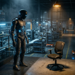 A cinematic photo of a sleek, faceless humanoid robot standing in a dimly lit, hyper-automated logistics center, looking down at an empty office chair with high contrast cold blue and amber lighting and a heavy technological dread atmosphere.