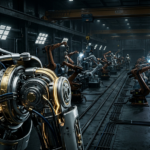 A dark cinematic wide shot of an advanced automated robotic assembly line with a macro close-up of a humanoid robot's shoulder joint, exposing silver gears and golden energy conduits in hyper-sharp detail.